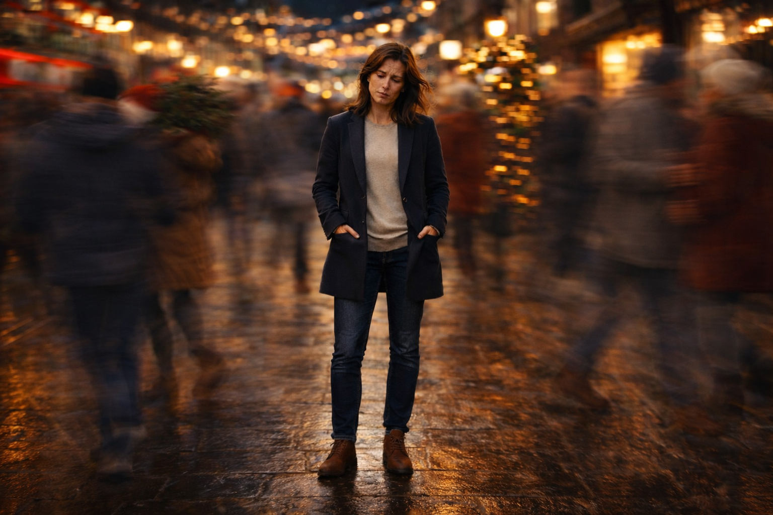 Woman chosing to stop in a fast moving crowd at Christmas